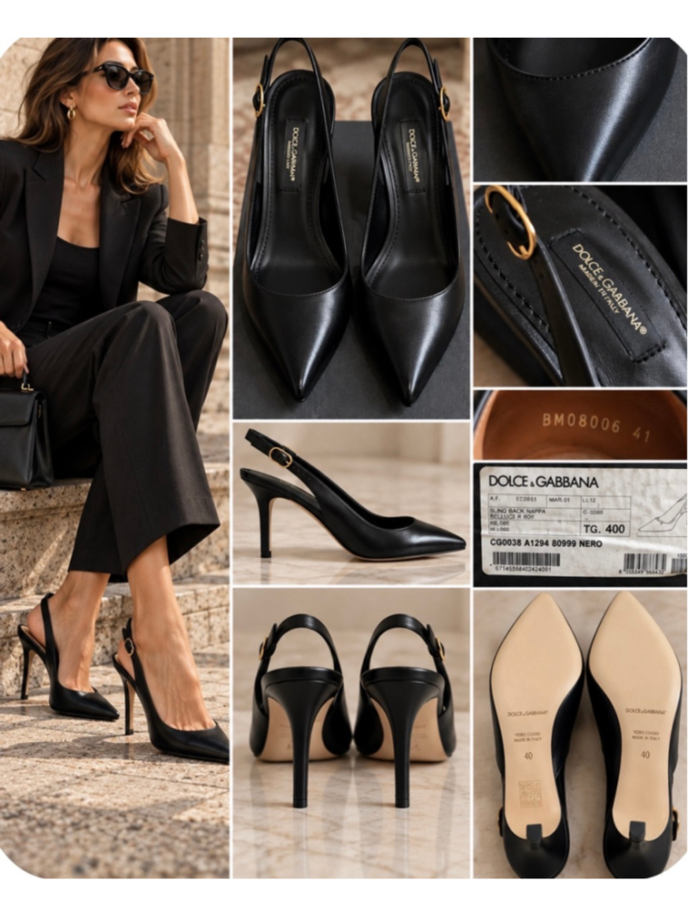 Women's Dolce & Gabbana Black Leather Slingback Heels Size 40/9.5 New in Box